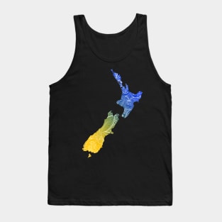 Colorful mandala art map of New Zealand with text in blue and yellow Tank Top